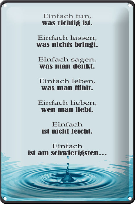 Blechschild Spruch 20x30cm Einfach ist am schwierigsten Deko Schild