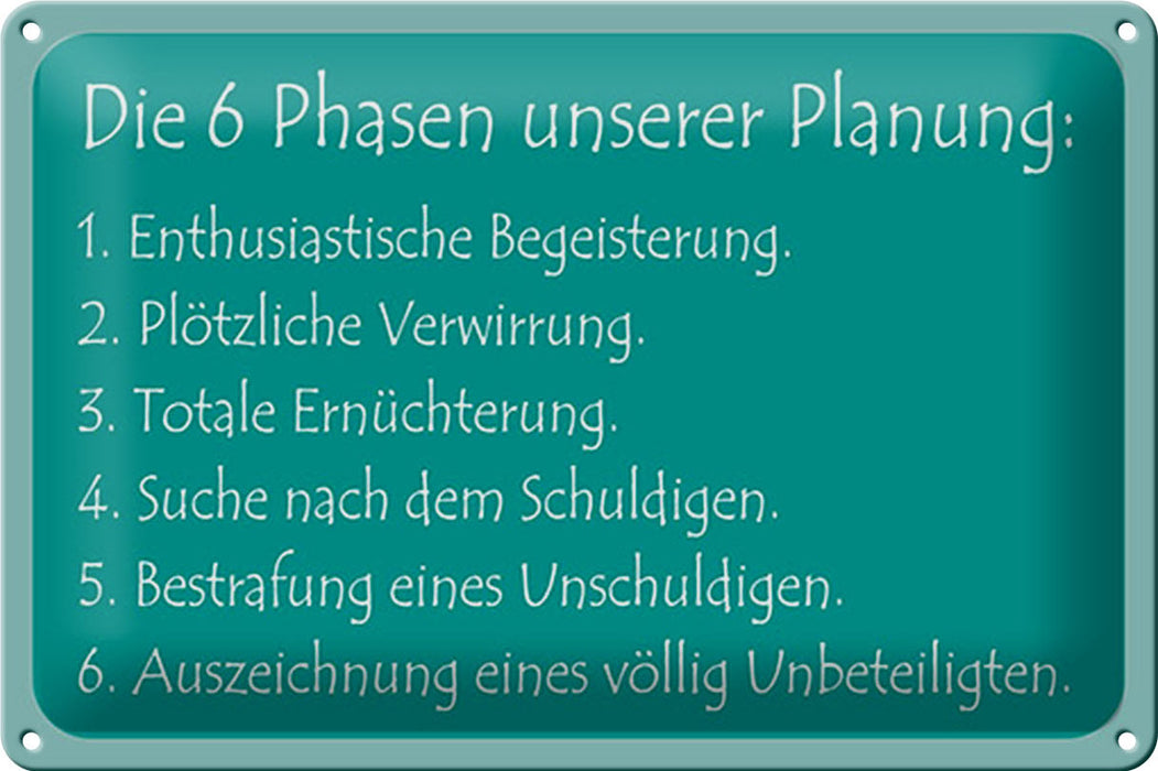 Blechschild Spruch 30x20cm Die 6 Phasen unserer Planung Deko Schild