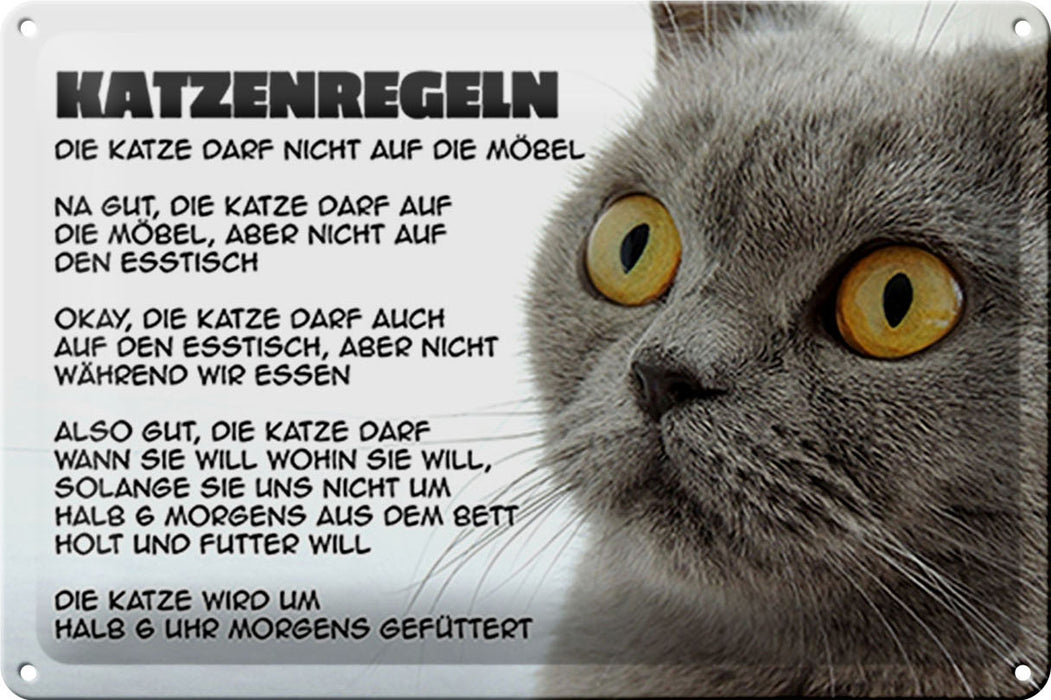 Blechschild Spruch 30x20cm Katzenregeln Katze darf nicht Deko Schild