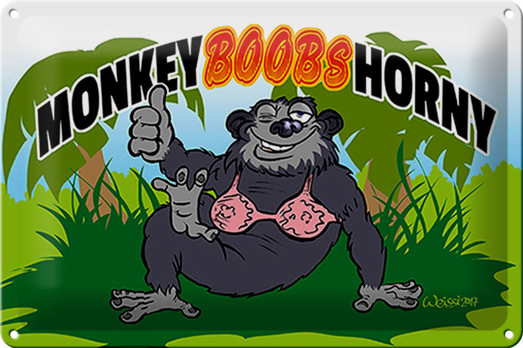 Blechschild Spruch 30x20cm Monkey Boobs Horny Affe im BH Deko Schild