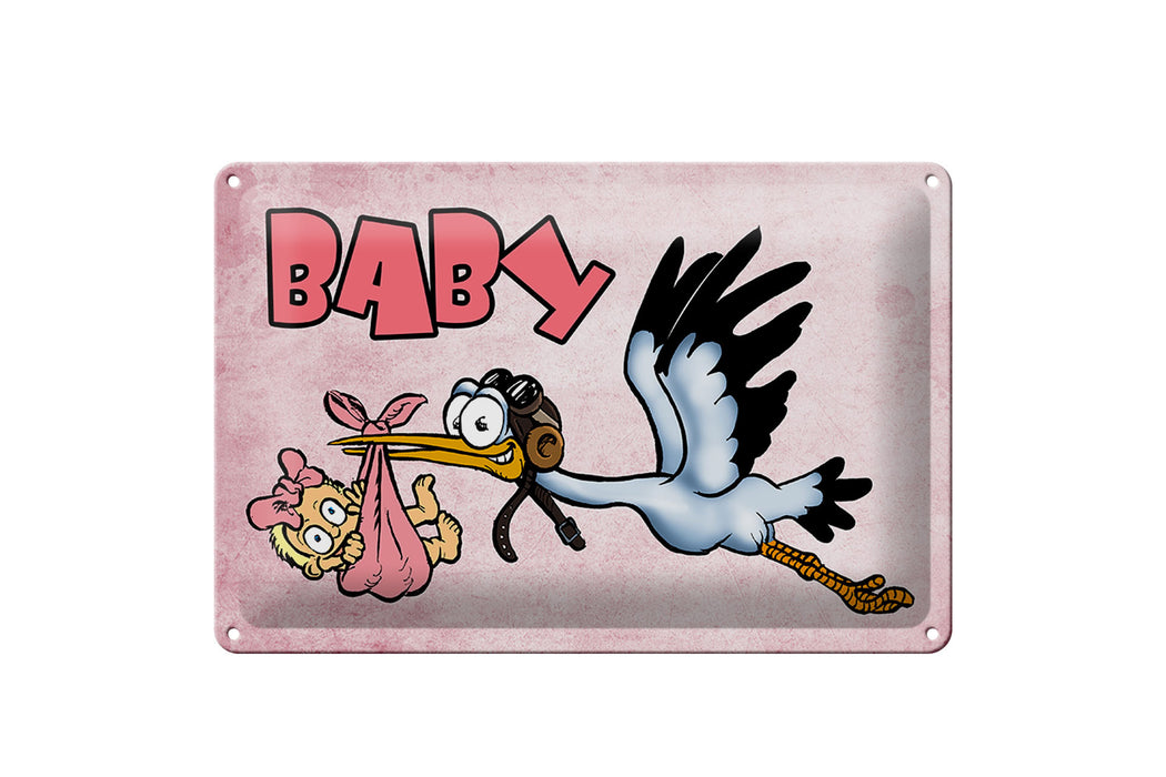 Blechschild Baby 30x20cm Storch bringt Kind Geschenk Wanddeko Deko