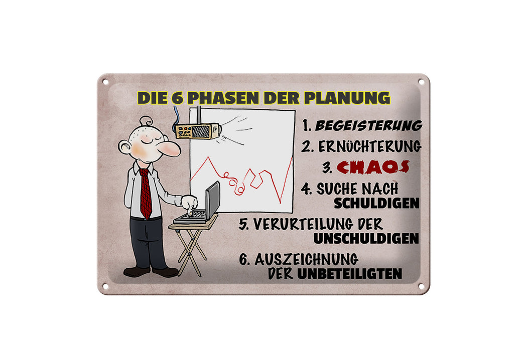 Blechschild Spruch 30x20cm 6 Phasen der Planung Metall Deko Schild