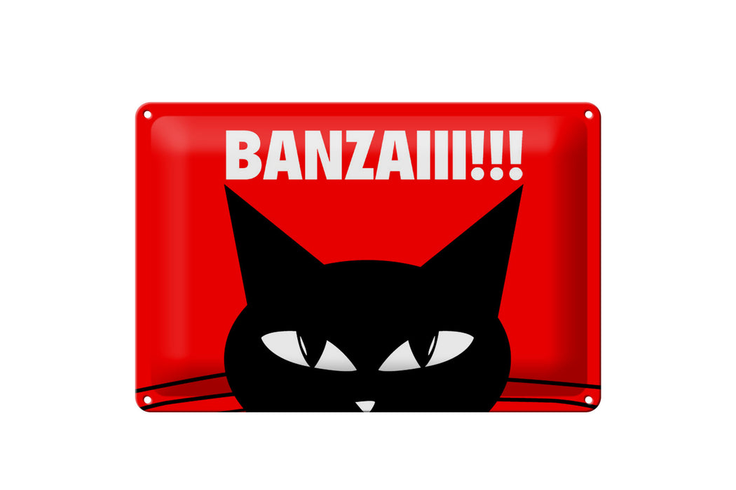 Blechschild Spruch 30x20cm Katze Banzaiii!!! Metall Deko Schild