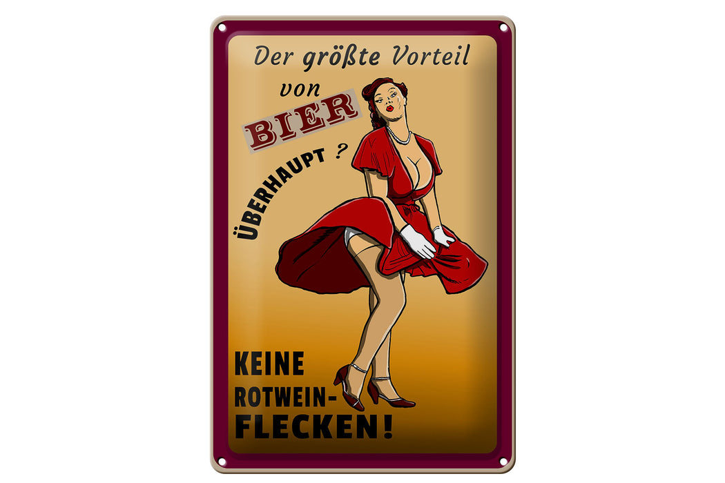 Blechschild Pinup 20x30cm Vorteil Bier keine Rotweinflecken Deko Schild