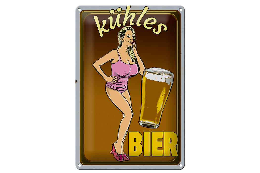 Blechschild Pinup 20x30cm kühles Bier Metall Deko Schild