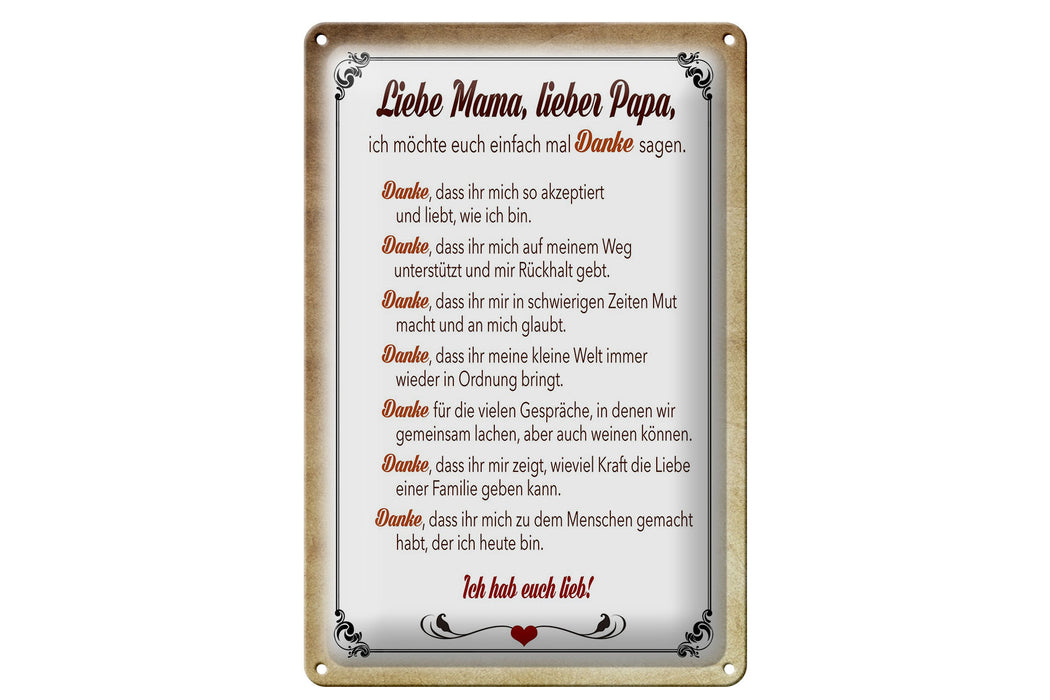 Blechschild Spruch 20x30cm Mama Papa hab euch lieb danke Deko Schild