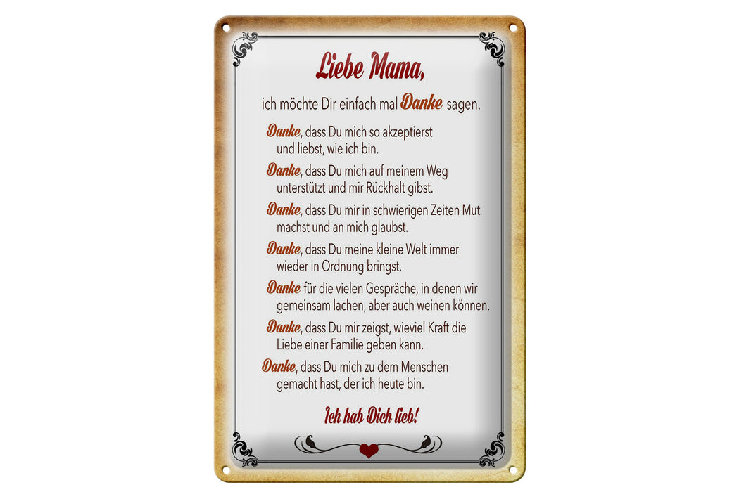 Blechschild Spruch 20x30cm liebe Mama Ich hab dich lieb Deko Schild