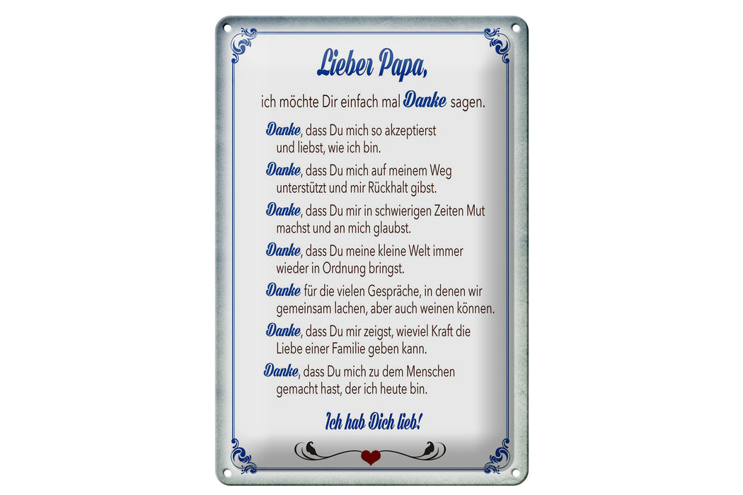 Blechschild Spruch 20x30cm lieber Papa Ich hab dich lieb Deko Schild