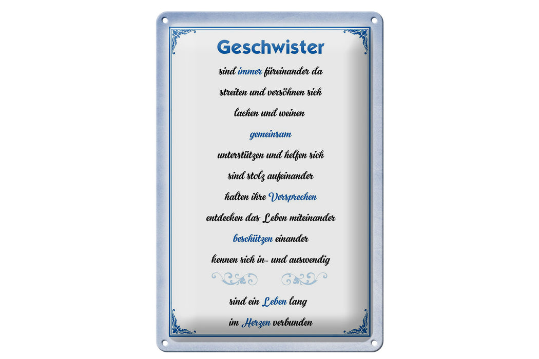 Blechschild Spruch 20x30cm Geschwister immer füreinander da Deko Schild