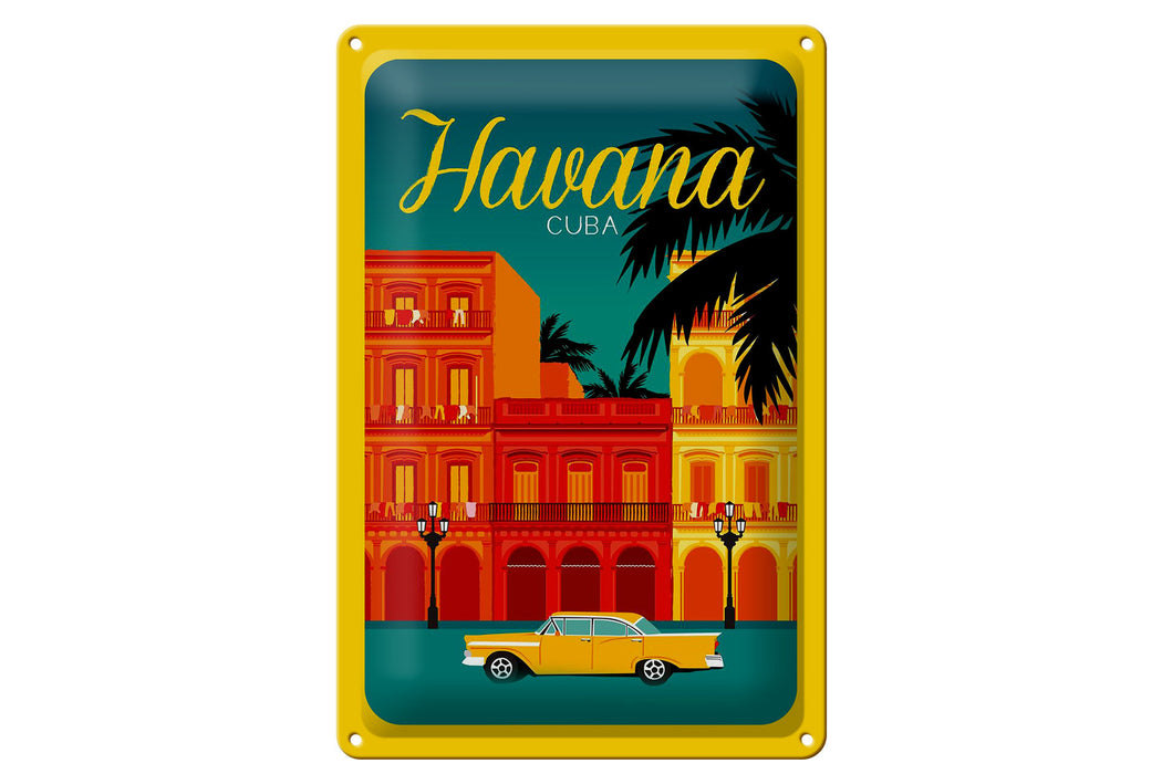 Blechschild Havana 20x30cm Cuba Zeichnung gelbes Auto Deko Schild